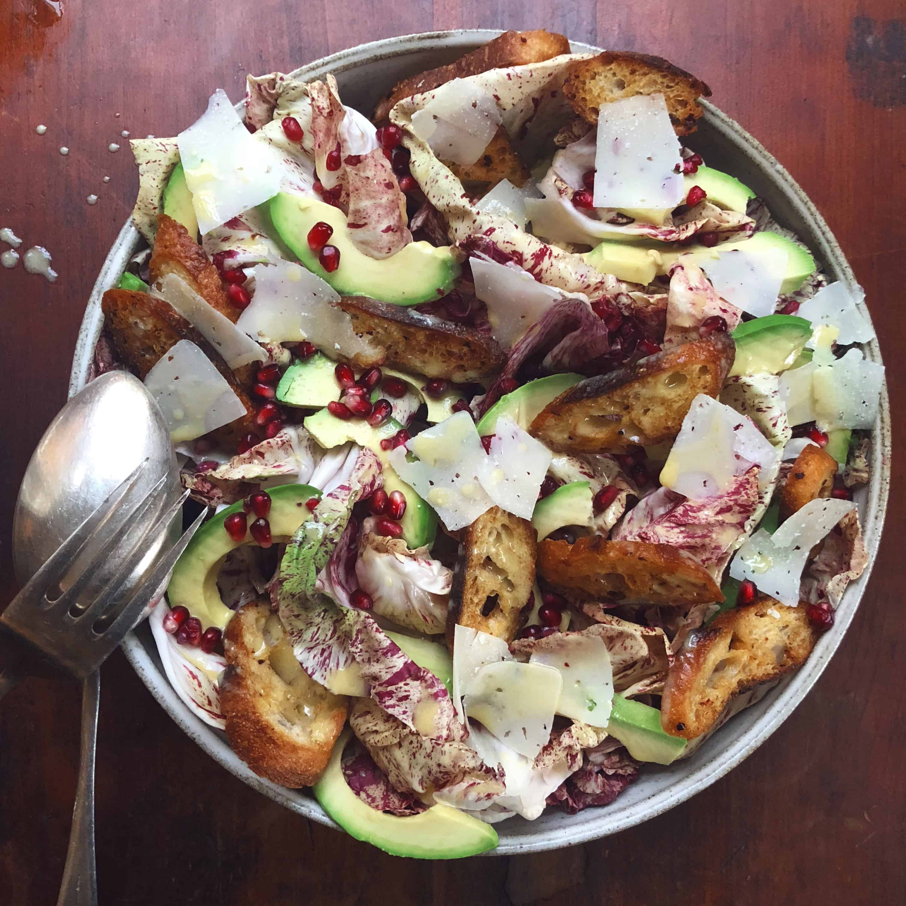 Winter Salad with Creamy Lemon Buttermilk Dressing, Spicy Garlic Croutons, Avocado, Pecorino, and Po