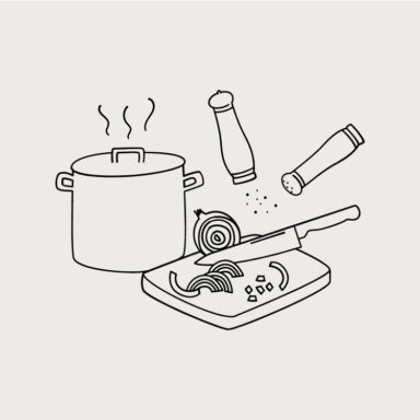 Line illustration of an onion being chopped on a cutting board, salt and pepper shaking, a boiling pot