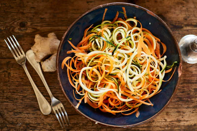 A bowl of grated summer squash and two forks