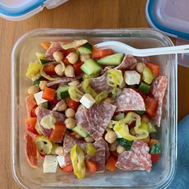 Chickpea Pepperoncini Salad In Lunch Box With Fork
