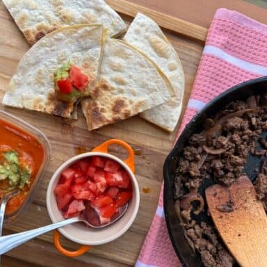 Ground Beef On Skillet With Quesadillas And Salsa From Birite
