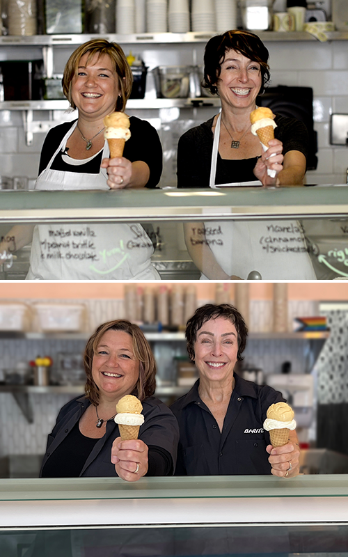 Kris and Anne Holding Out Ice Cream Cones from Behind Glass then and now