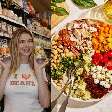 Violet Witchel Holding Canned Beans Next To Bean Salad Shot From Above